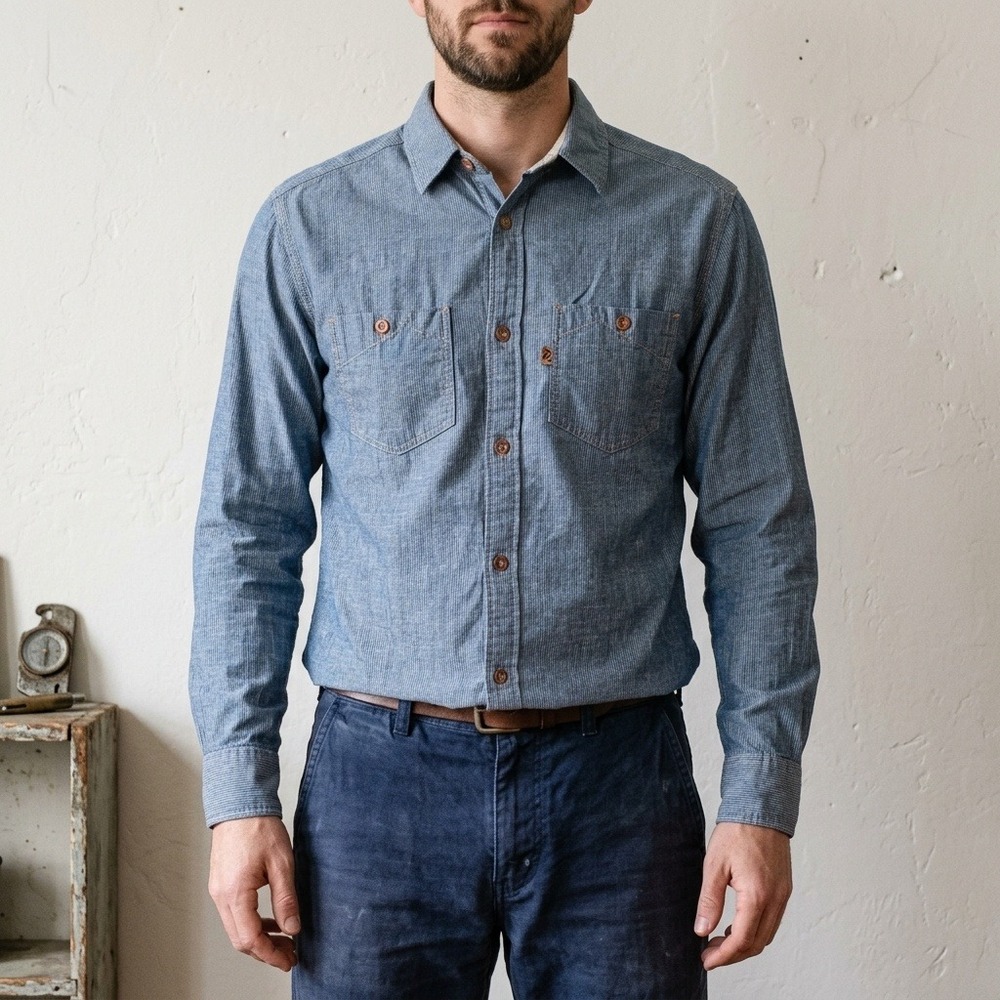 Railcar Fine Goods Mens Shirt Small Blue Hickory Stripe Long Sleeve Workwear USA